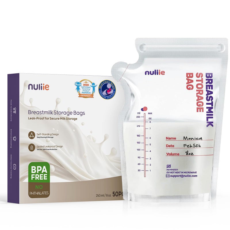 Nuliie 50 Pcs Breastmilk Storage Bags, 8 OZ Breast Milk Storing Bags, BPA-Free, Milk Storage Bags with Pour Spout for Breastfeeding, Self-Standing Bag, Space Saving Flat Profile - Image 1